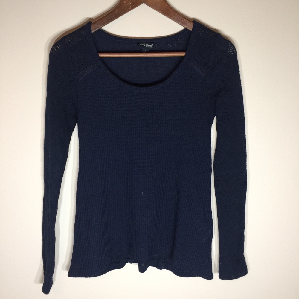 Lucky Brandy Navy Sheer Knit Fitted Top